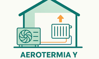 Una ilustración de una vivienda con un equipo exterior de aerotermia y unos radiadores dentro de la casa