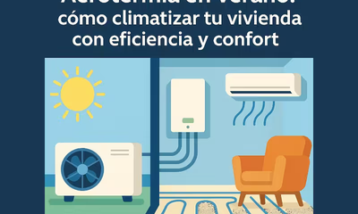 Una vivienda en verano, con una imagen del sol y el exterior a la izquierda y el interior fresco a la derecha