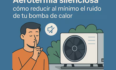 Un dibujo de una máquina de aerotermia junto a uno hombre que se pone el dedo en los labios marcando silencio