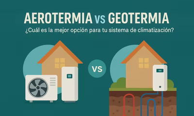 A un lado, una dibujo de una casa con aerotermia, al otro lado enfrentado, una casa con geotermia