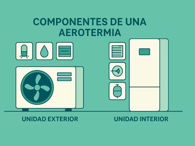 Una ilustración de un equipo interior y exterior de aerotermia.