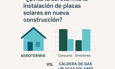 Un dibujo de una casa y un gráfico que compara la aerotermia con las placas solares